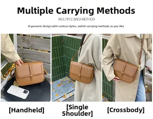 Brown leather crossbody bag detail showing three versatile carrying ways and metal buckle