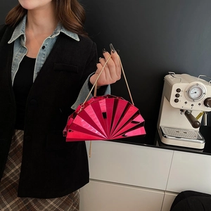 Chic rose pink fan-shaped clutch with metallic finish and gold chain strap for women