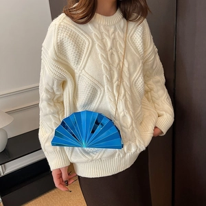 Fashionable fan-shaped acrylic evening clutch bag in blue with golden chain strap