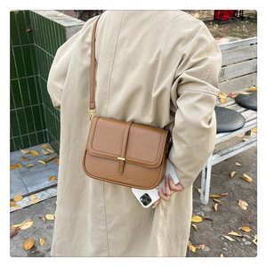 Brown leather crossbody bag detail with gold metal clasp on a textured green wall