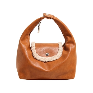 Sac à main rétro en cuir PU marron avec garniture en fausse fourrure pour femme