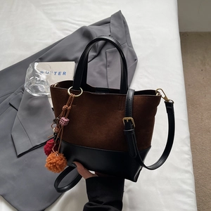 Retro contrast stitching handbag with brown suede and black leather, large capacity tote
