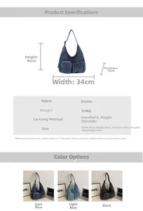 Detailed size specifications for denim shoulder bag with multi-color options shown