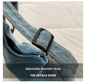 Detail of adjustable denim shoulder strap featuring a matte black square buckle on bag