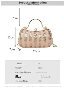 Detail view of gold sequin evening bag with crystal clasp and dimensions display