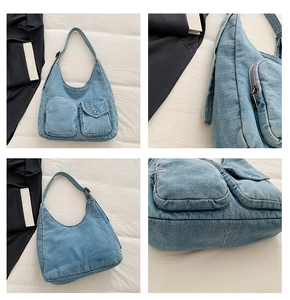 Detail view of denim hobo bag with front pockets and adjustable strap shown in collage