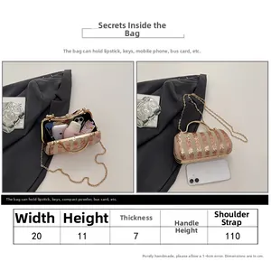 Rose gold sequin evening bag size chart and capacity showing phone, keys and lipstick space