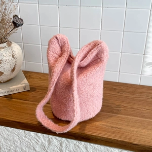 Pink plush bucket bag with cute bunny ear handles for women autumn winter fashion