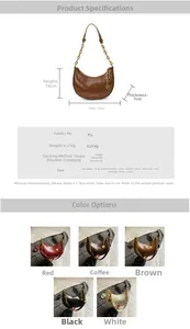 Detailed size specifications and five color variants of the PU leather crescent bag