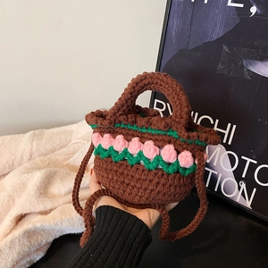 Kids Handmade Crochet Mini Crossbody Bag Floral Tulip Knit Handbag For Girls Cute Pastoral Style