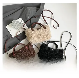 Plush lamb wool mini bags in beige, brown, and black with leather flaps and straps