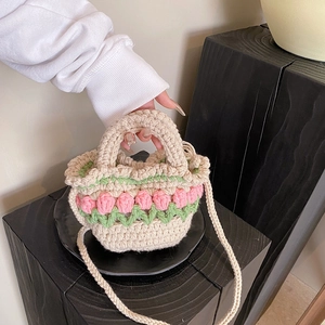 Handmade crochet mini bag with pink tulip pattern for kids beach vacation usage