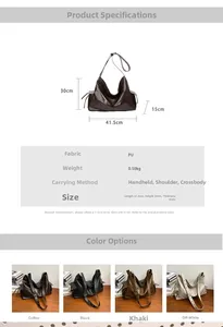 Detailed view showing large capacity PU leather tote bag with dimensions and color options