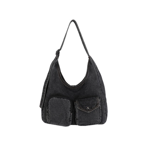 Retro washed denim hobo shoulder bag in dark grey with double front utility pockets