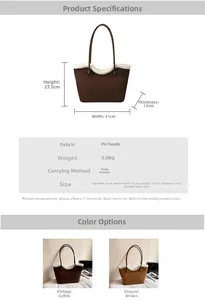 Detailed chart showing faux suede tote bag dimensions and brown color options
