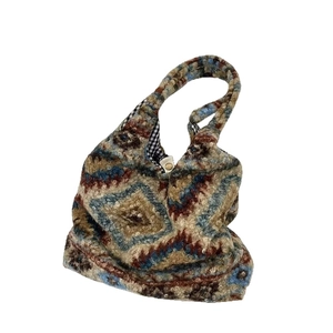 Sac fourre-tout rétro en peluche avec motifs marron et bleu et fermoir magnétique