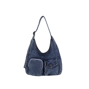 Sac à bandoulière en denim bleu foncé délavé rétro avec sangle réglable et poches