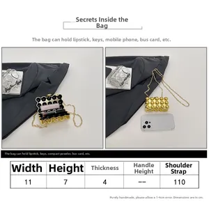 Internal view and size comparison of a golden spherical textured acrylic evening bag