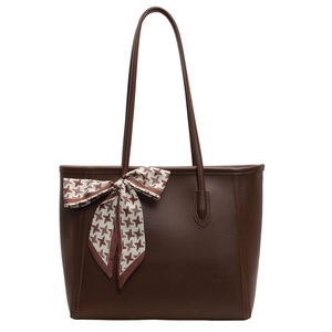 Deep brown large capacity tote bag with houndstooth silk scarf on white background