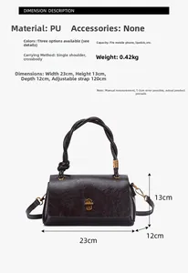 Detailed size specifications and brown textured leather crossbody bag dimensions