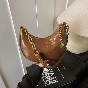 Detailed shot of brown pleated patent leather hobo bag with gold chain strap detail