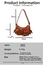 Size chart for brown vintage crossbody bag with detailed dimensions and carrying methods