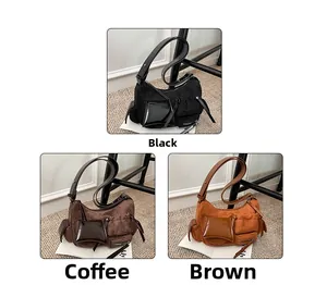 Three multi-pocket crossbody bags in corduroy and patent leather: black, brown, and coffee