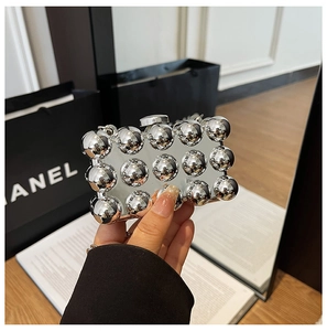 Detailed close-up of acrylic box bag with 3D silver metallic sphere matrix and chain