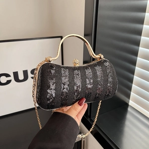 Elegant black sequin evening clutch bag with gold metal handle and luxury chain strap