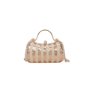 Rose gold sequined evening bag with metallic round handle and gold chain strap