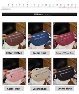 Six colors of crescent crossbody bags with wide straps displayed on a 2x3 grid view