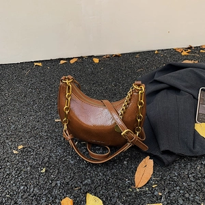 Detailed macro view of brown glossy crescent dumpling bag with golden metal chain