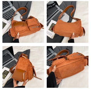 Detailed views showing the multi-pocket structure and vintage leather of the shoulder bag