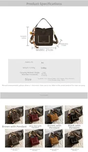 Detailed chart showing bucket bag dimensions and four available colors with wide straps