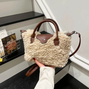 Chic beige faux fur mini tote bag with brown leather straps for autumn and winter fashion