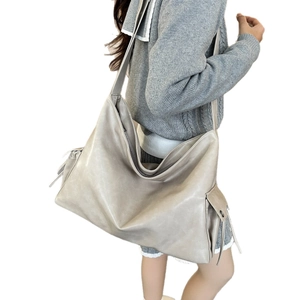 Minimalist light grey soft leather shoulder bag with large capacity for daily commuting