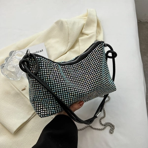 Sparkling rhinestone crossbody bag for women with black leather and silver metal chain