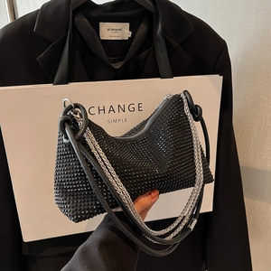 Fashionable black rhinestone handbag for women with silver chain and chic mini hobo design