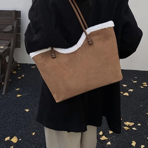 Retro brown suede tote bag with white faux shearling trim and slim leather straps