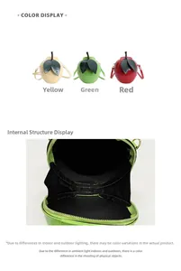 Détail des sacs bandoulière en forme de pomme et doublure intérieure en rouge, vert et jaune