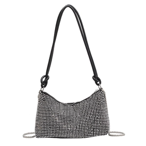 Fashionable black crossbody bag with silver rhinestones and twisted leather strap