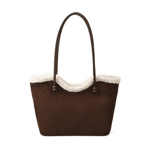 Retro dark brown suede tote bag with white shearling trim and slim dual shoulder straps