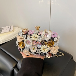 Elegant 3D floral evening clutch with sequins, crystals, and gold chain strap for women
