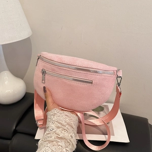 Modern pink crescent waist bag with double zippers and wide woven strap for women