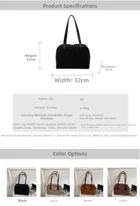 Size guide for PU leather shoulder bag showing dimensions, weight, and color options