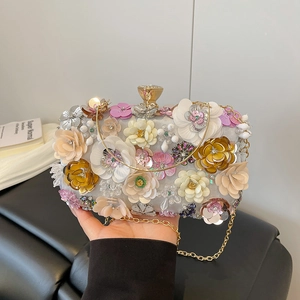 Elegant 3D flower evening clutch bag with sequins and gold chain for women
