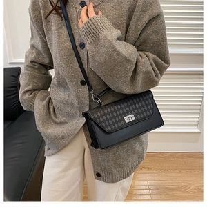 Detail of crossbody bag with black and grey diamond lattice patchwork and silver buckle