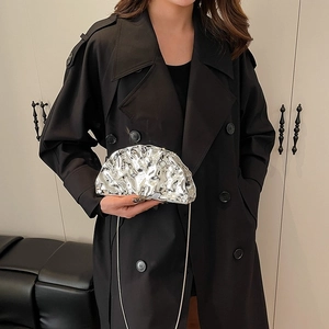 Chic silver metallic clutch bag with pleated texture and thin chain strap for women