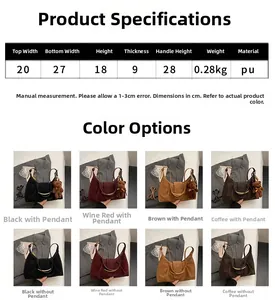 Size chart showing PU leather shoulder bag dimensions with color options and specifications