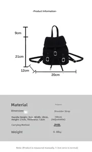 Size chart showing 20x21x12cm dimensions for this compact black polyester backpack